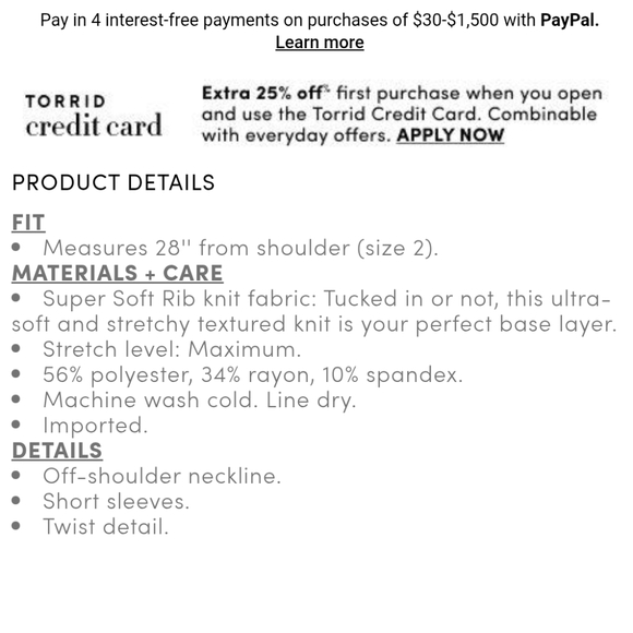 NWT Torrid Black Off-Shoulder Twist Top - Picture 6 of 6